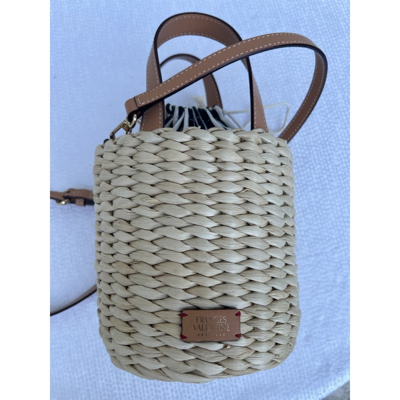 Frances Valentine Honeypot Straw Crossbody Bag Tan Leather Trim Striped Lining